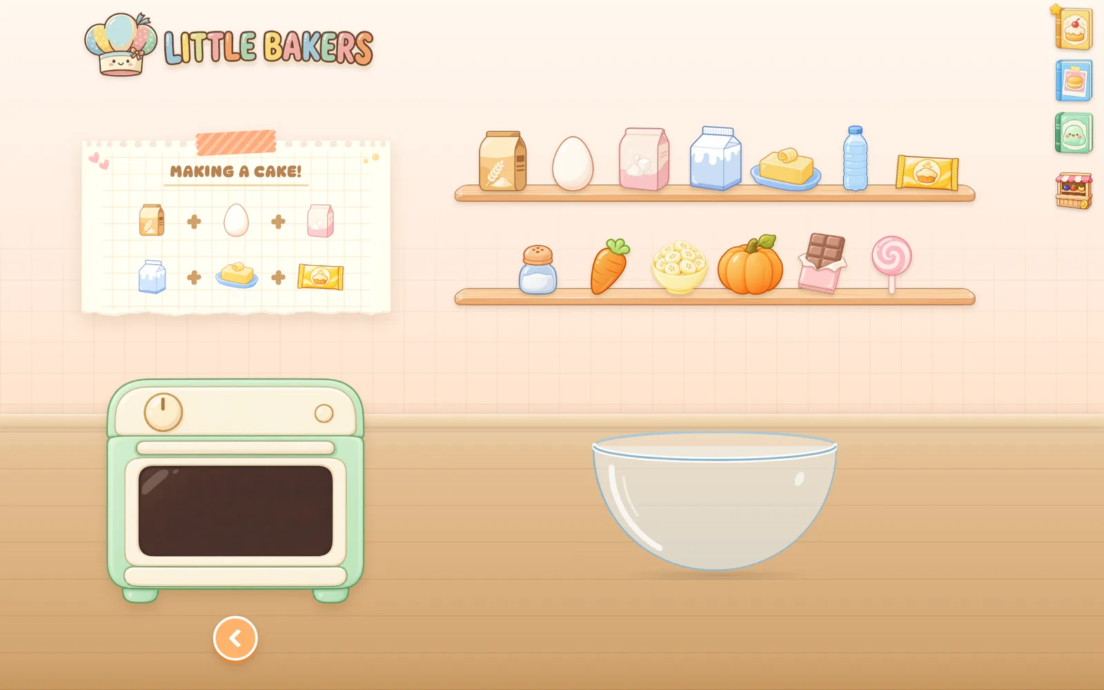 The kitchen: a picture recipe card, shelves of ingredients, an oven and a glass bowl.