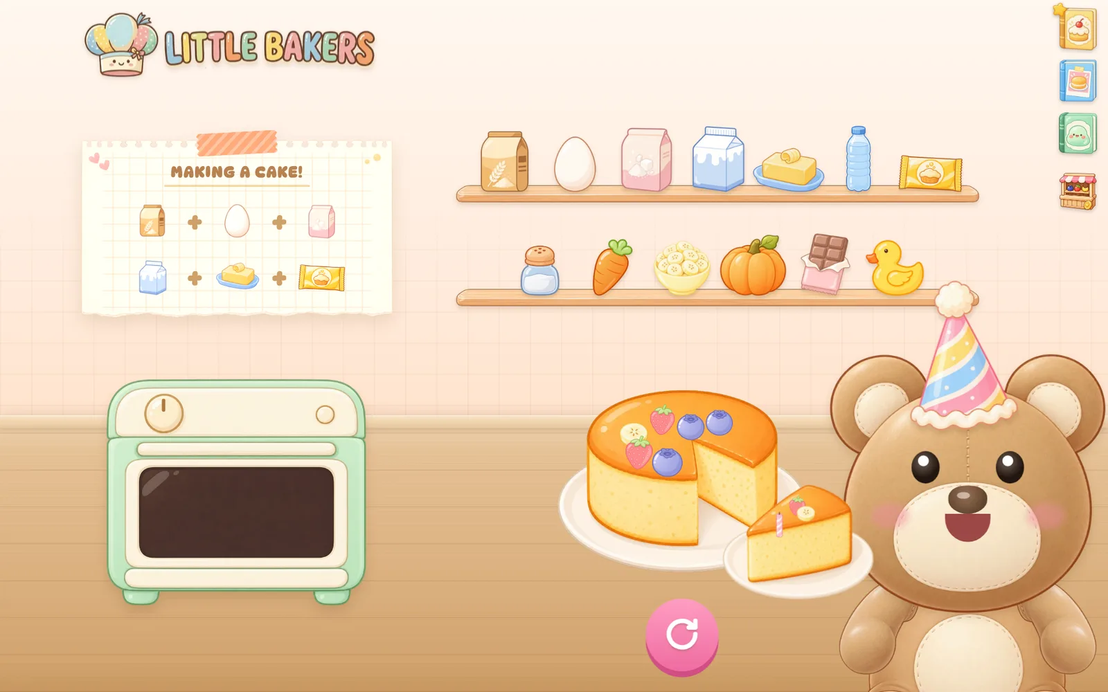 A cut cake and a slice on a plate, next to the teddy bear in a party hat.