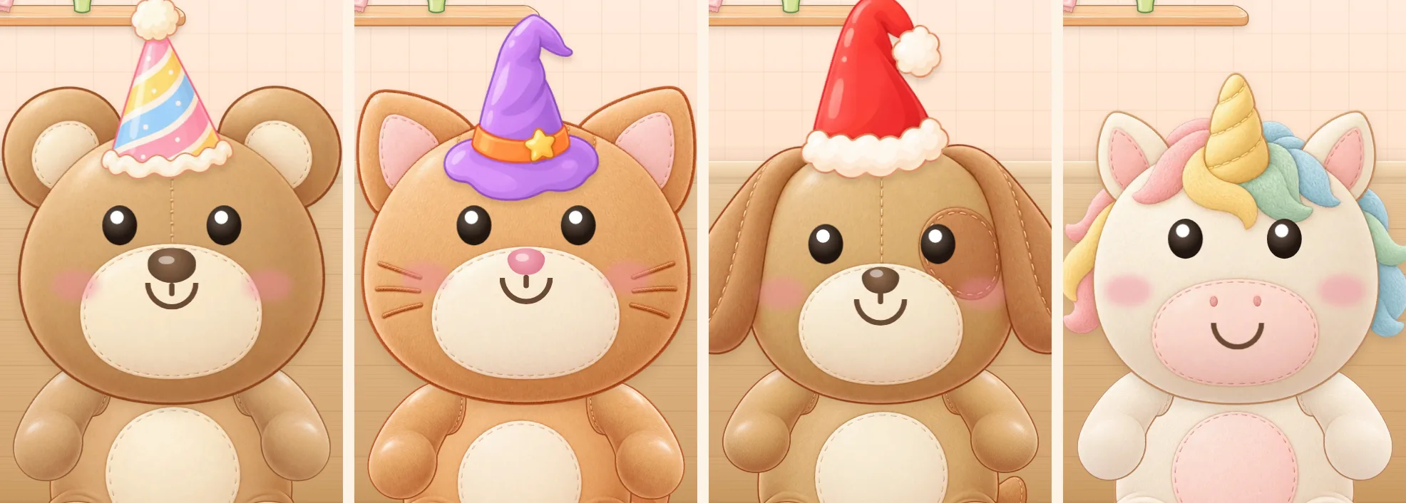 The four friends side by side: the bear in a party hat, Kitty in a witch hat, Puppy in a Santa hat, and Unicorn.